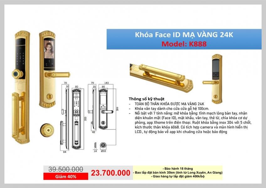 KHÓA FACE ID MẠ VÀNG 24K - K888